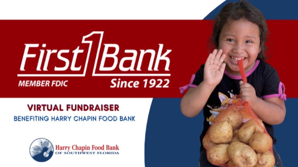 First Bank virtual fundraiser graphic benefiting Harry Chapin Food Bank, featuring the First Bank and Harry Chapin Food Bank logos and a child holding a bag of donated potatoes.
