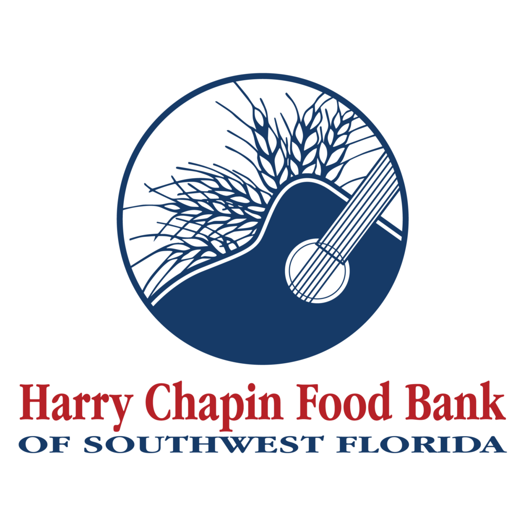 An earlier Harry Chapin Food Bank logo: a guitar and wheat stalks in a blue circle.